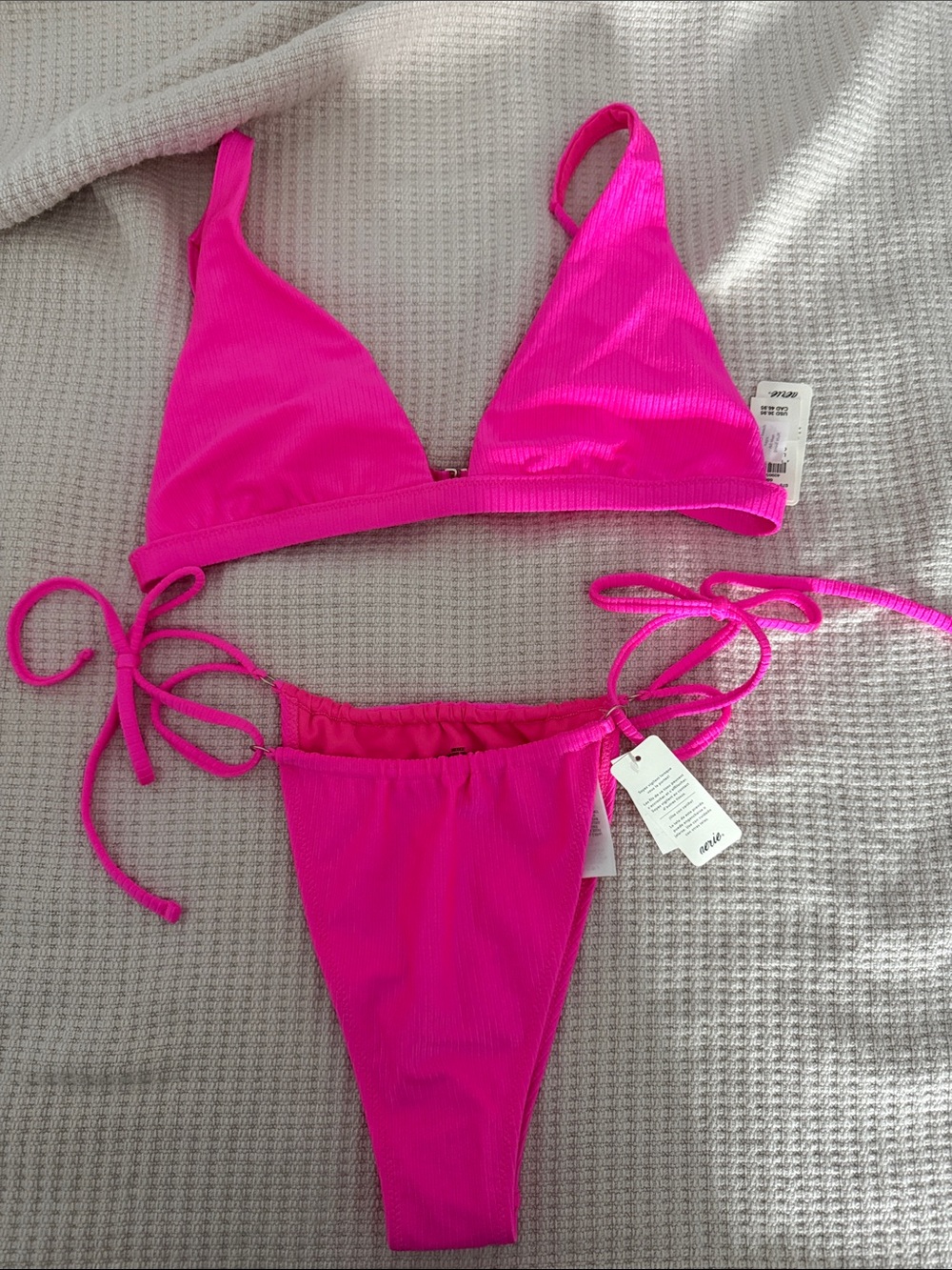 aerie Hot Pink Ribbed Triangle Bikini Set